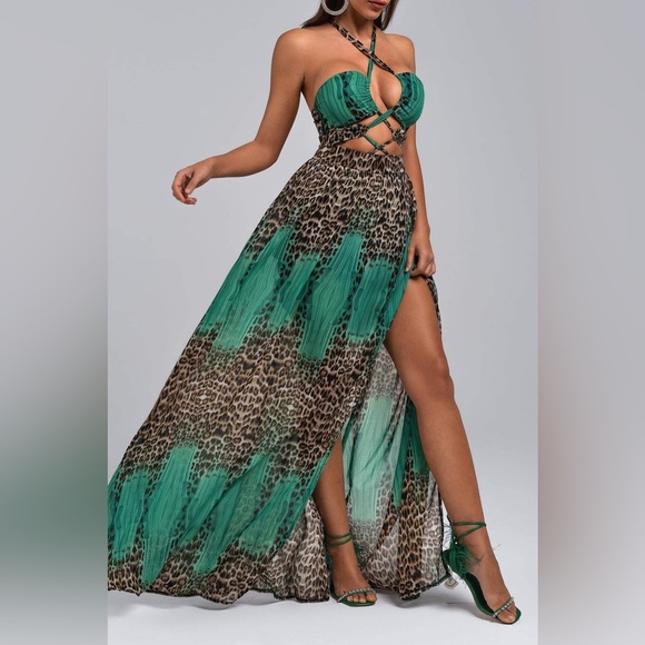 Green and Leopard Print Maxi Dress - Picture 1 of 8